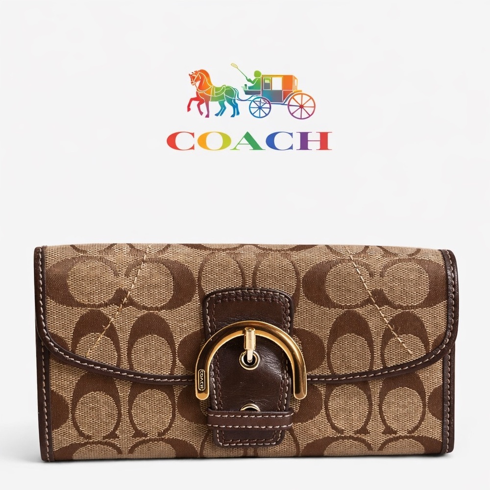 Coach Soho Signature Buckle Wallet Brown Khaki Canvas Leather‎ EUC